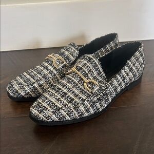 RACHEL Rachel Roy Black and White Tweed Loafers with Gold Hardware